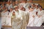 Particolare degli affreschi: Cicerone pronuncia in Senato le celebri <em>Catilinarie</em>, davanti allo stesso Catilina, reo di aver ordito una congiura contro il Senato e lo Stato romano