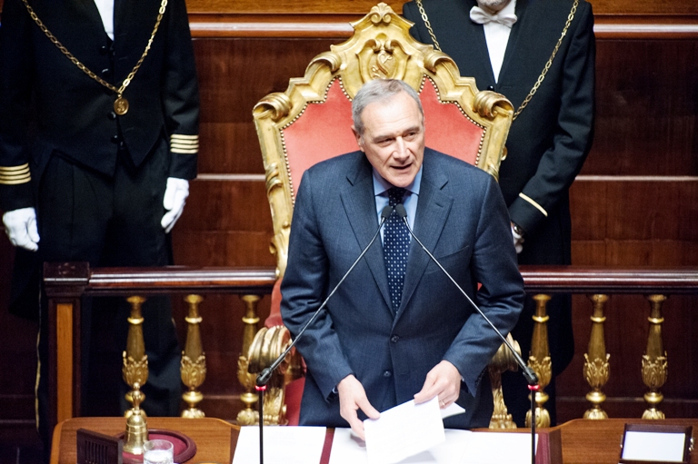 Il neo eletto Presidente del Senato, Pietro Grasso, pronuncia in Aula il discorso di insediamento