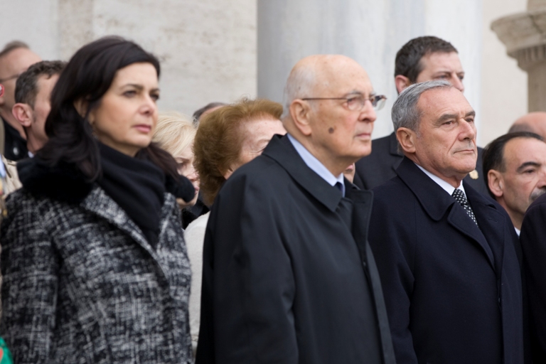 La Presidente della Camera Boldrini, il Presidente della Repubblica Napolitano e il Presidente del Senato Grasso