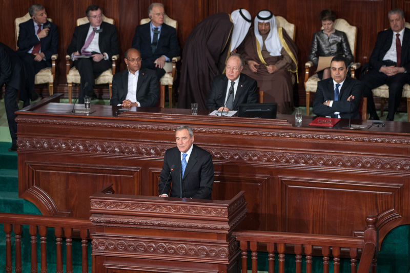 Il Presidente del Senato, Pietro Grasso, pronuncia il discorso in Aula davanti al Presidente dell'Assemblea Costituente, Ben Jaafar, al Presidente della Repubblica Tunisina, Marzouki ed al Primo Ministro, Mehedi Jooma