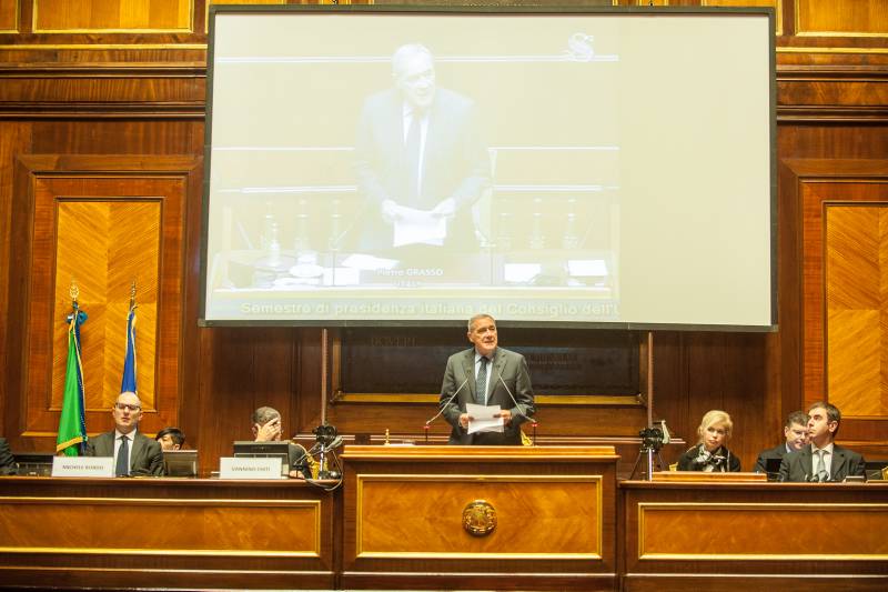 Un momento del discorso introduttivo del presidente Grasso