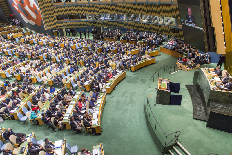 L'Aula dell'Assemblea generale delle Nazioni Unite durante l'intervento di Ban Ki-moon, Segretario generale delle Nazioni Unite.