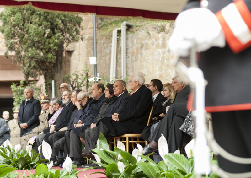 Il Presidente Grasso e il Presidente Mattarella ascoltano l'indirizzo di saluto di Rosina Stame, Presidente dell'ANFIM.