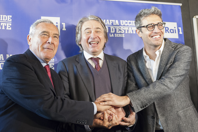 Nella foto, il Presidente del Senato Pietro Grasso con il Direttore Generale della Rai Antonio Campo Dall'Orto e l'attore Pierfrancesco Diliberto, Pif.