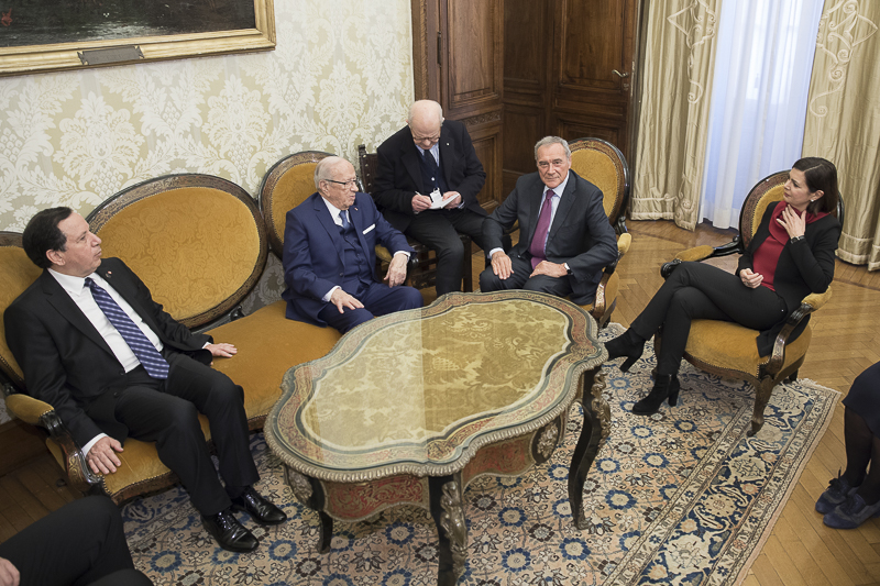 Il Presidente Grasso a colloquio con il Presidente della Repubblica di Tunisia, Beji Caid Essebsi. Nella foto il Presidente della Camera dei deputati, Laura Boldrini.