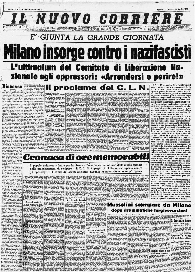La prima pagina del Nuovo Corriere del 26 aprile 1945