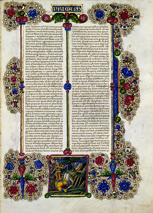 Carta interna con fregi e vignetta con Davide con la testa di Golia