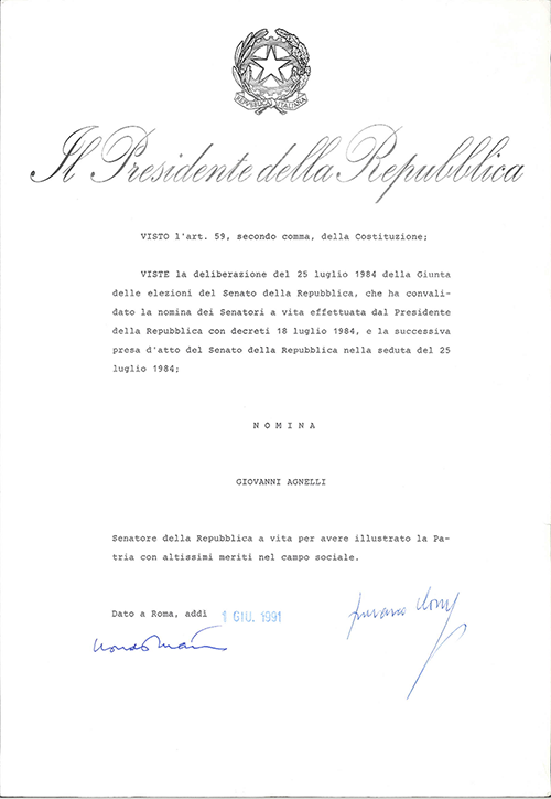 L'atto del Presidente della Repubblica che nomina Giovanni Agnelli senatore a vita. Dall'Archivio Storico del Senato