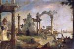 ITALIA, collezione privata<br />
Canaletto, Capriccio con rovine, la basilica di Vicenza e l'Arco di Costantino<br />
Olio su tela, 180 x 323 cm