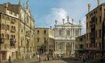 LONDRA, collezione privata<br />
Canaletto, Venezia: Campo San Salvatore<br />
Olio su tela, 46.8 x 77.5 cm