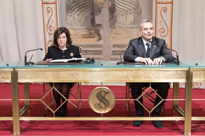 Il Presidente del Senato della Repubblica, Maria Elisabetta Alberti Casellati, durante l'incontro. Nella foto Marco Impagliazza, Presidente della Comunità di Sant'Egidio.