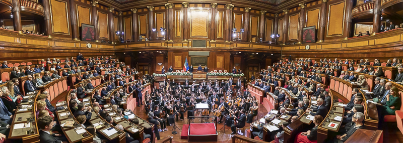L'Aula legislativa di Palazzo Madama durante l'indirizzo di saluto del Presidente del Senato, Maria Elisabetta Alberti Casellati.
