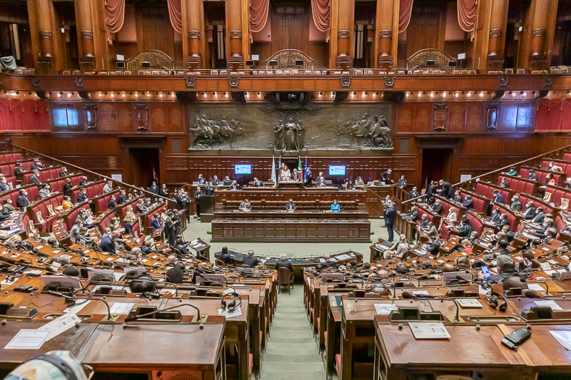 L'Aula legislativa di Palazzo Montecitorio durante l'intervento del Presidente del Senato, Maria Elisabetta Alberti Casellati, in occasione della cerimonia di apertura della Conferenza parlamentare Pre-COP26.