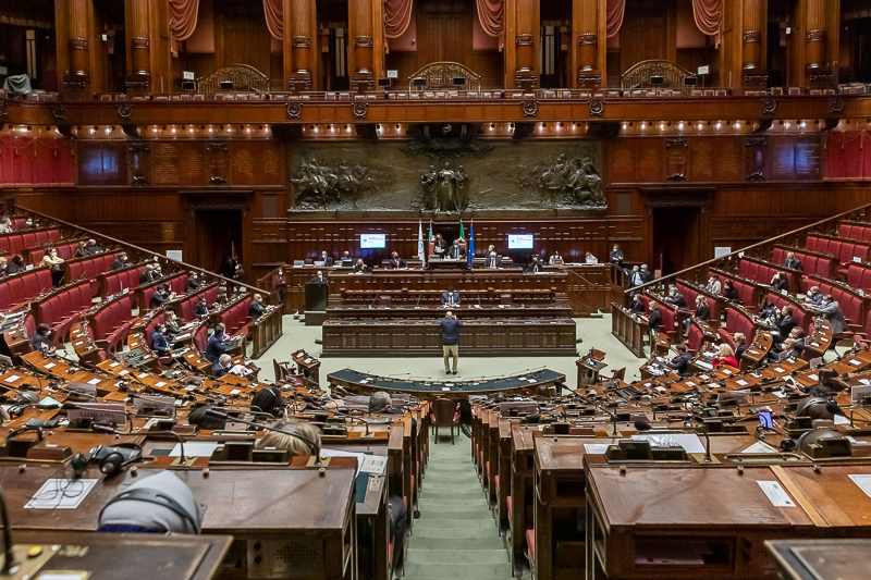 L'Aula legislativa di Palazzo Montecitorio durante l'intervento del Presidente del Senato, Maria Elisabetta Alberti Casellati, in occasione della cerimonia di apertura della Conferenza parlamentare Pre-COP26.