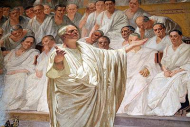 Particolare degli affreschi: Cicerone pronuncia in Senato le celebri Catilinarie, davanti allo stesso Catilina, reo di aver ordito una congiura contro il Senato e lo Stato romano